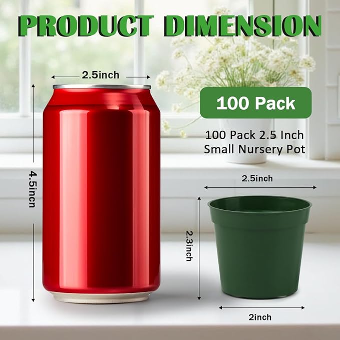 RooTrimmer 100 Pack 2.5 Inch Small Plant Pots, Plastic Nursery Pots for Plants, Seedling Pots for Planting Seeds, Succulents, Vegetables, Green