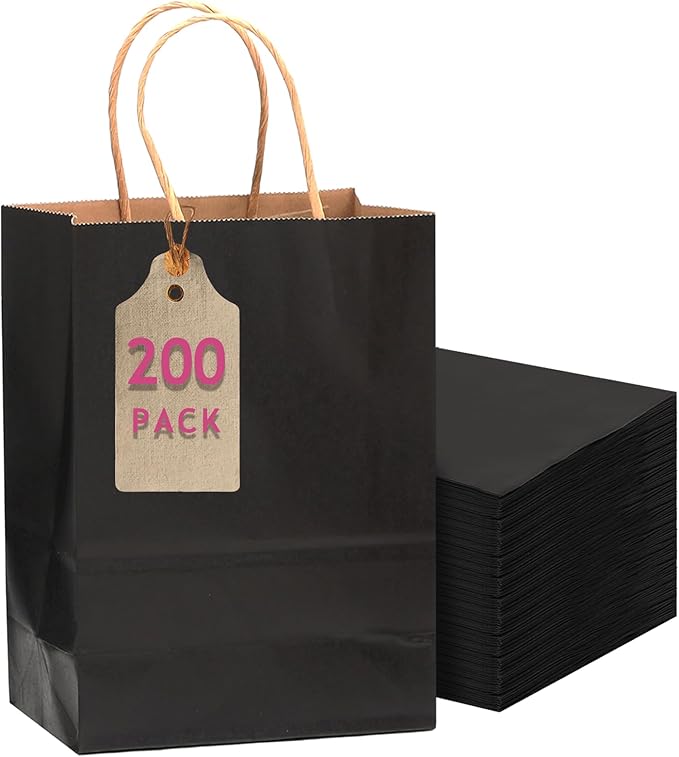 qiqee 200-Packs Black Paper Gift Bags with Handles Bulk 10.6"x8.3"x4.3" Medium Size Paper Bags Multiple Uses