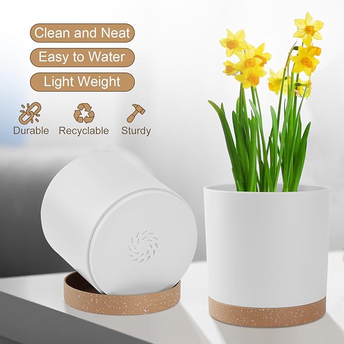 Plant Pots with Drainage Holes and Saucers – 7, 6.5, 6, 5, 4 Inch Plastic Planters for Indoor Outdoor Plants, Modern Matte Finish, Lightweight & Durable（White