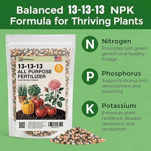 Gardenera 13-13-13 Slow Release Granular Fertilizer – All Purpose Plant Food 13 13 13 for Outdoor Grass, Vegetables, Roses, Flowers, Shrubs, Trees. Lawns, Gardens, Potted Plants (8 OZ)