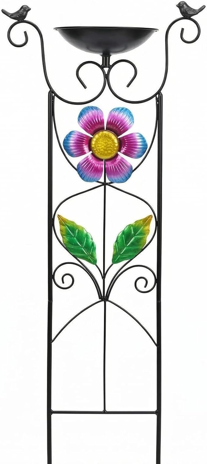 Bird Bath with Trellis Outdoor - 40" Antique Iron Free Standing with 9" Detachable Basin, Spinning Flower Windmill & Birdfeeder Station for Garden Decor