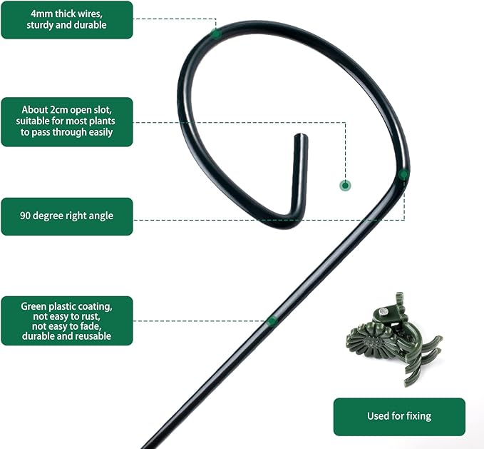 6 Pack Plant Support Stakes with 24 Pcs Plant Clips,Single Stem Support Stake Plant Cage Support Ring for Garden Flowers Rose Tomatoes Peony Lily Rose Herbs Vegetable (16 Inch)