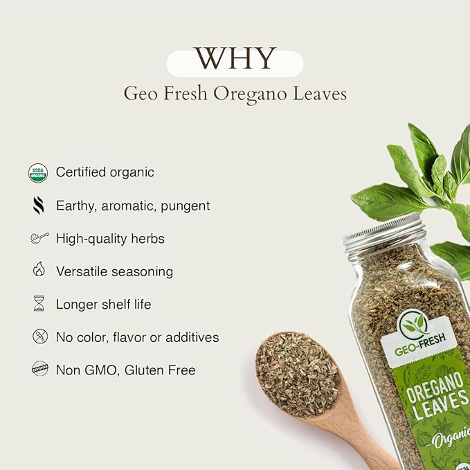 Geo-Fresh Organic Oregano, 2.12 oz (60g) | Seasoning | Best on Pizza, Pasta, Soup, Chicken & many more | Non-GMO, Kosher, 100% Organic, Gluten Free, USDA Certified