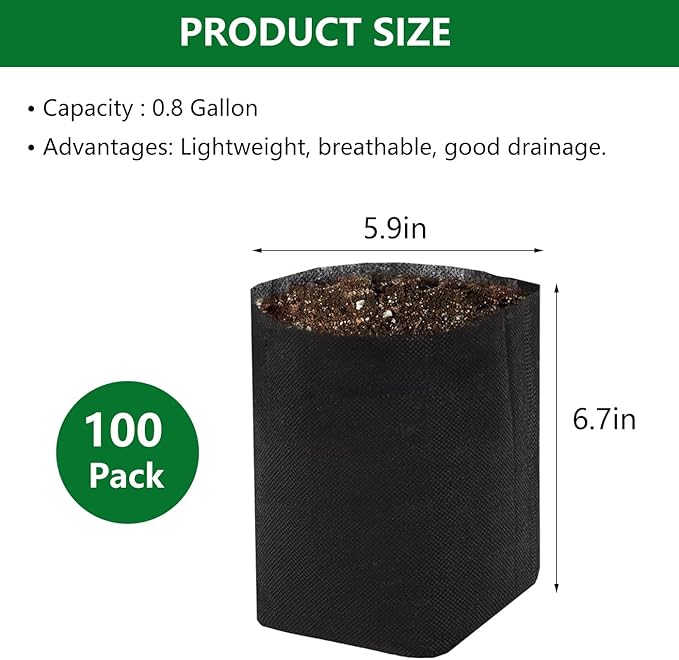 Belit 0.8 Gallon Plant Nursery Bags, 100 Pcs Non-Woven Grow Bags for Vegetable, Flower, Starting saplings