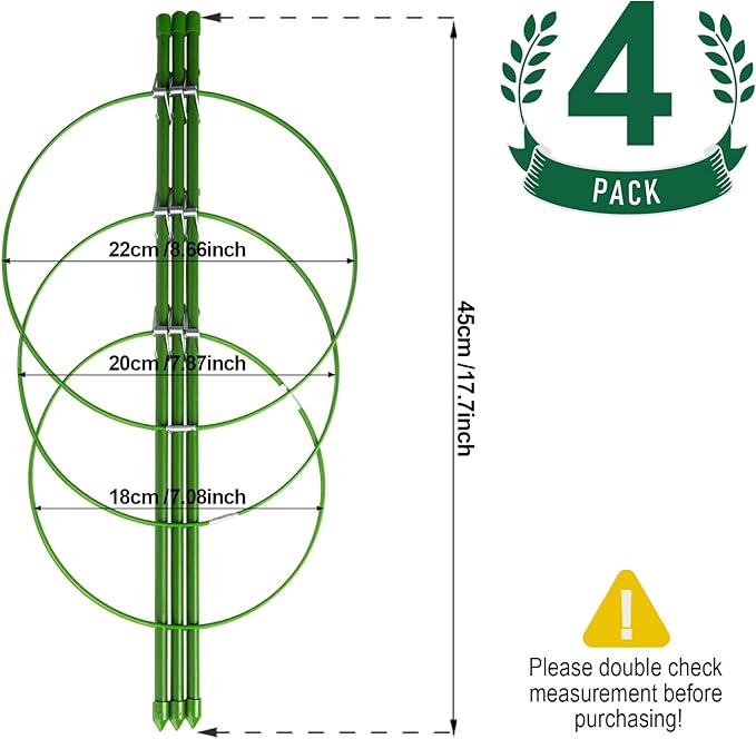 LEOBRO 4 PCS Metal Plant Cages, Tomato Cages, Metal Garden Plant Supports, Plant Trellis, Plant Stakes for Tomato, Climbing Plant, Flower, Seedlings, 17.7" High, 7.1"/7.87"/8.66" Inner Diameter