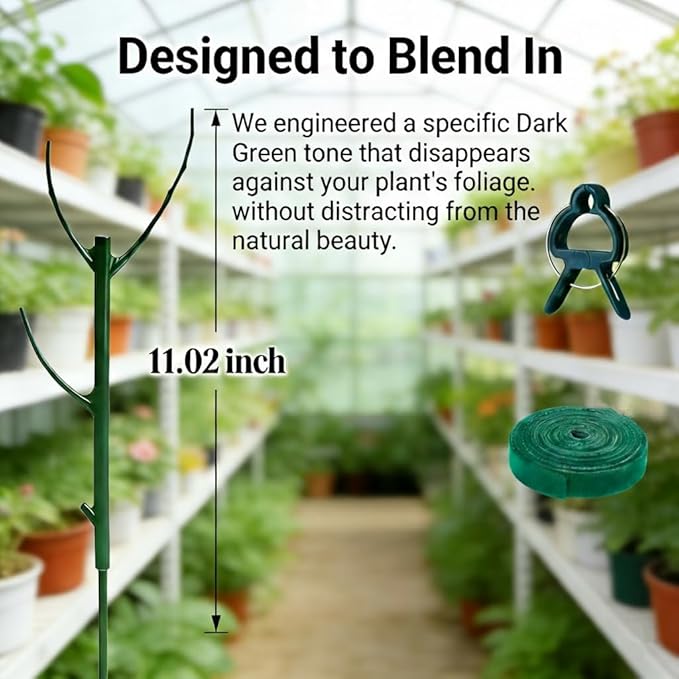 Tree Branch Plant Support Stakes – Stackable Plant Support Sticks with Clips & Velcro Tie – Natural Aesthetic Extendable Trellis for Indoor Plants, Monstera, Pot (Green-6 Pack)