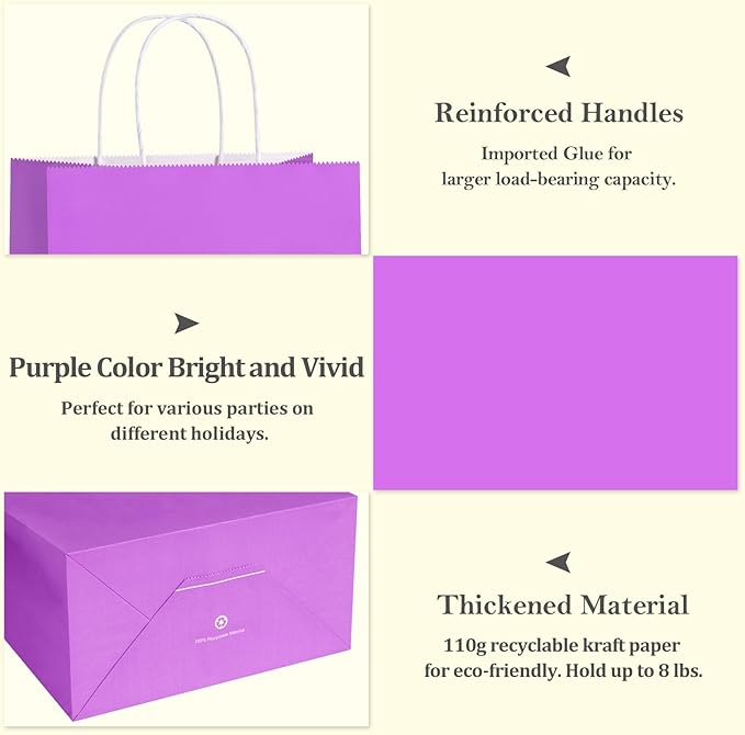BagDream 8x4.25x10.5 Inch 100Pcs Purple Gift Bags Medium, Kraft Paper Bags with Handles Bulk for Welcome Party Favors, Baby Shower, Goody, Treat, Retail, Grocery Paper Sacks