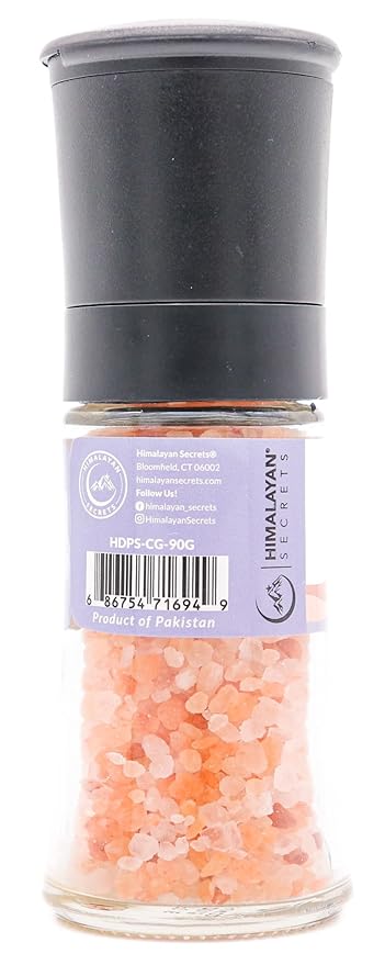 Himalayan Secrets Pink Salt Coarse Grinder - Natural Gourmet Cooking Salt, Kosher Certified, Unrefined, Mineral Rich, Bold Flavor, No Additives, Refillable Container with Ceramic Mill (3.17 oz)