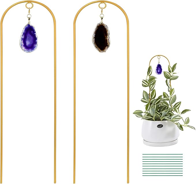 2PCS Small Gold Trellis for Climbing Plants Indoor, Mini Metal Houseplant Climber Support for Potted Plants, Boho Decorative Pot Lattice with Agate for Hoya, Pothos, Ivy, Philodendron