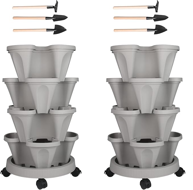 GameXcel Vertical Planter 4 Tier Stackable Planters Garden Planters Strawberry Herb Flower and Vegetable Planter Indoor Outdoor Gardening Pots with Removable Wheels and Tools 2-Pack