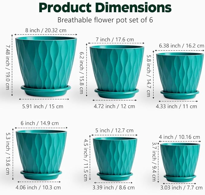 Plant Pots, Self Watering Planters with Drainage Holes and Trays, Flower Pots for Indoor Outdoor - 6 Pack(4/5/6/6.5/7/8 Inch) (Dark Green)