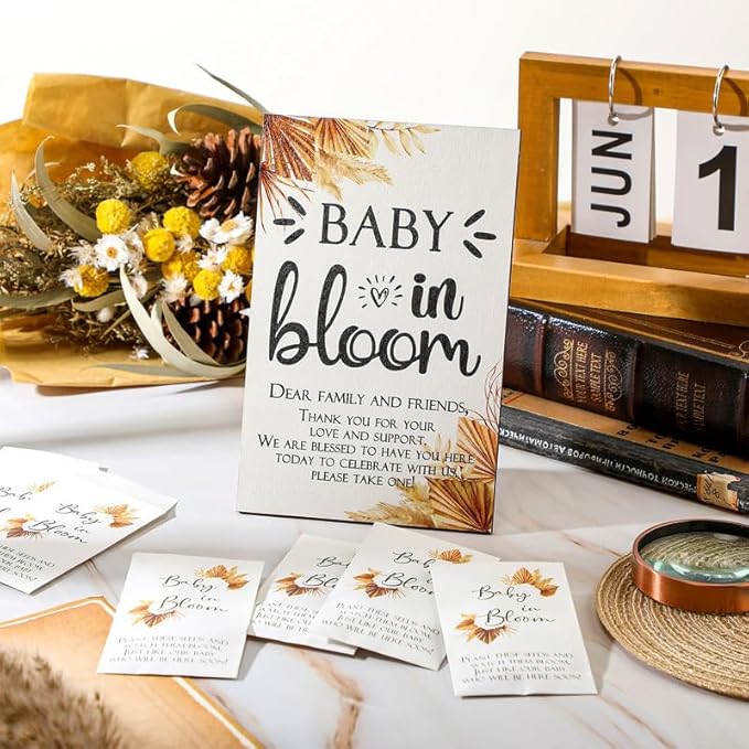 Maitys 100 Pcs Baby Shower Seed Packets Favors for Guests Baby in Bloom Wooden Sign Self Adhesive Envelopes Packet Storage Decor, No Seeds(Boho Style)