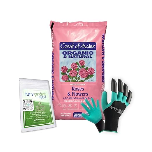 Coast of Maine RF6501 Rose & Flower Plant Food 12 LB – Natural Organic Fertilizer for Roses & Perennials with My Garden Pool Soil Test Strips & Gardening Claw Gloves