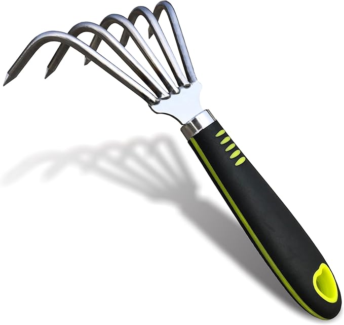 SHANFEEK Garden Rake 5-Claw Landscape Dethatcher Thatching Beach Combing Rake for Digging Clam Shell Defoliation Hoe Garden Tool for Loosen The Soil (Green)