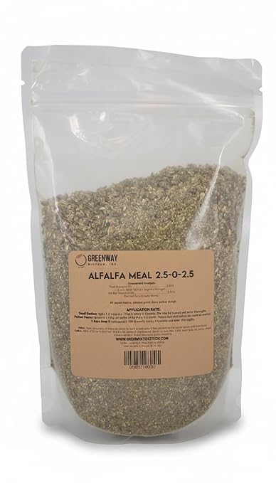 Greenway Biotech, Inc. Organic Alfalfa Meal Fertilizer 2.5-0-2.5 | Rose & Vegetable Plant Food with Triacontanol Growth Stimulant | Non-GMO, Phosphorus-Free | 1 Pound