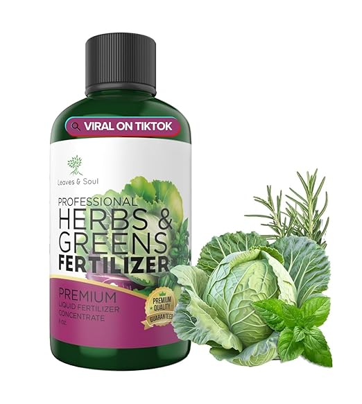 LEAVES AND SOUL Professional Liquid Herbs and Greens Fertilizer | 5-1-5 Concentrate, Liquid Plant Fertilizer for Garden, Healthy Produce, Good Harvest, Multi-Purpose Blend & Gardening Supplies | 8 oz