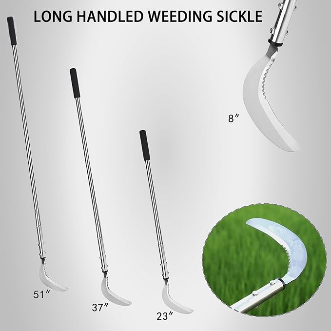 Weeding Sickle, Serrated & Plain-Edged Combined Steel Scythe 51-Inch Adjustable Long Handle, Lightweight Long-Handled Garden Sickle Tool for Gardens, Yards, Fields & Overgrown Areas