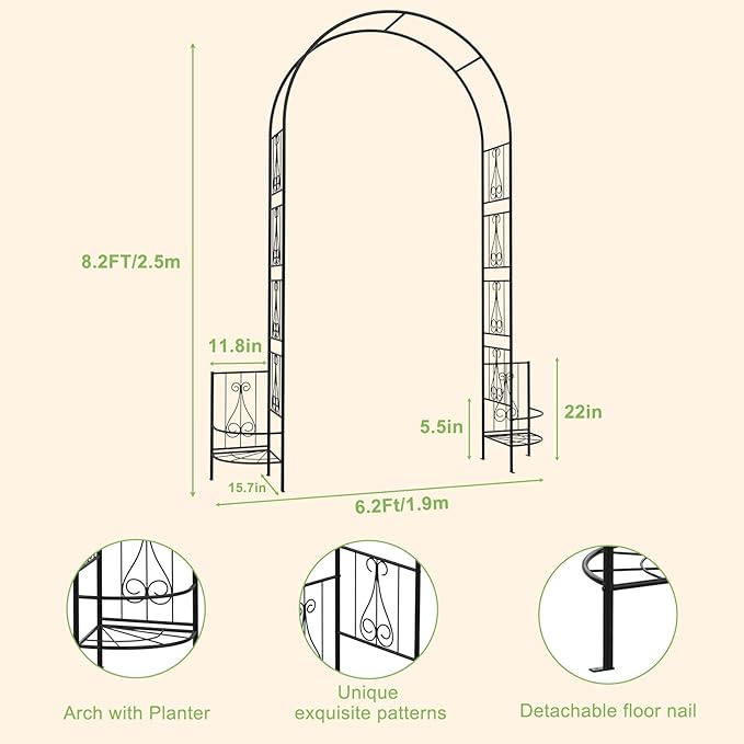 OUSHENG 8FT Metal Garden Arch Trellis with Planter Boxes for Climbing Plants Outdoor, Heavy-Duty Wedding Arch Backdrop Stand for Ceremony, Party, and Garden Decorations, Rust-Resistant Black Pergola