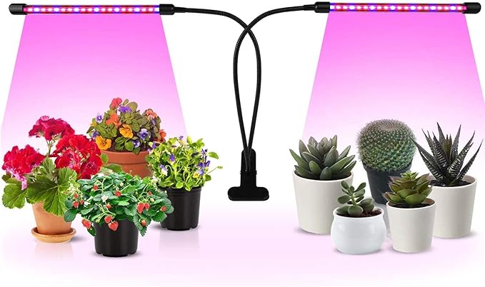iPower 10W Red Blue Spectrum Grow Light Dual Head Bulbs Strips with 3/9/12H Timer 11 Levels Dimmable for Indoor Plants