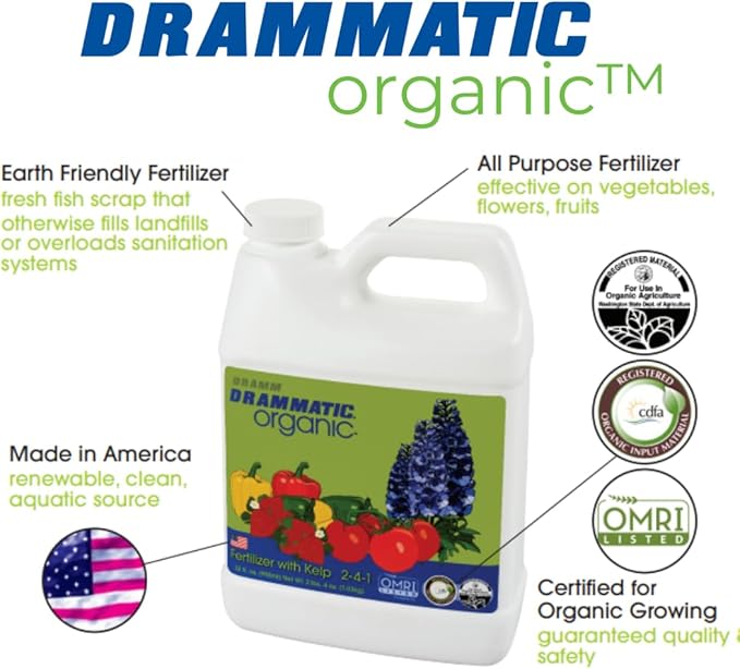 Dramm Drammatic® Organic™ Premium Fertilizer 4-4-1, Hydrolyzed Liquid Fish Fertilizer, for Vegetables, Flowers, and Fruits, 1 Gallon, OMRI Listed, Vegetable, Flowers, Fruit, 32 Ounce