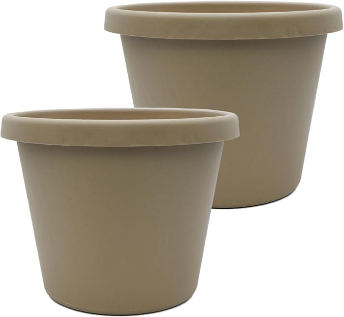 The HC Companies 14 Inch Prima Round Planter Pots with Drainage Holes and Rolled Rim, Lightweight UV-Resistant Plastic Indoor & Outdoor Planters, 2-Pack Flower Pots for Garden & Home Decor, Sandstone