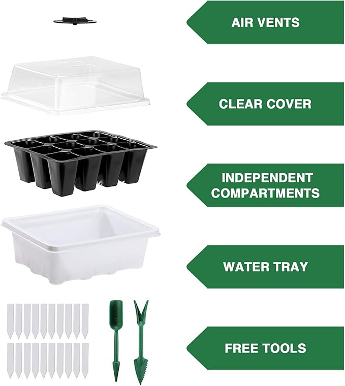 Delxo 10-Pack Seed Starter Kit Seedling Starter Tray (12 Cells) Humidity Adjustable Plant Germination Kit Garden Seed Starting Tray with Dome and White Base Plus Plant Tags Hand Tool Kit