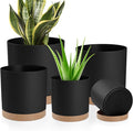 Plant Pots with Drainage Holes and Saucers – 7, 6.5, 6, 5, 4 Inch Plastic Planters for Indoor Outdoor Plants, Modern Matte Finish, Lightweight & Durable（Black）