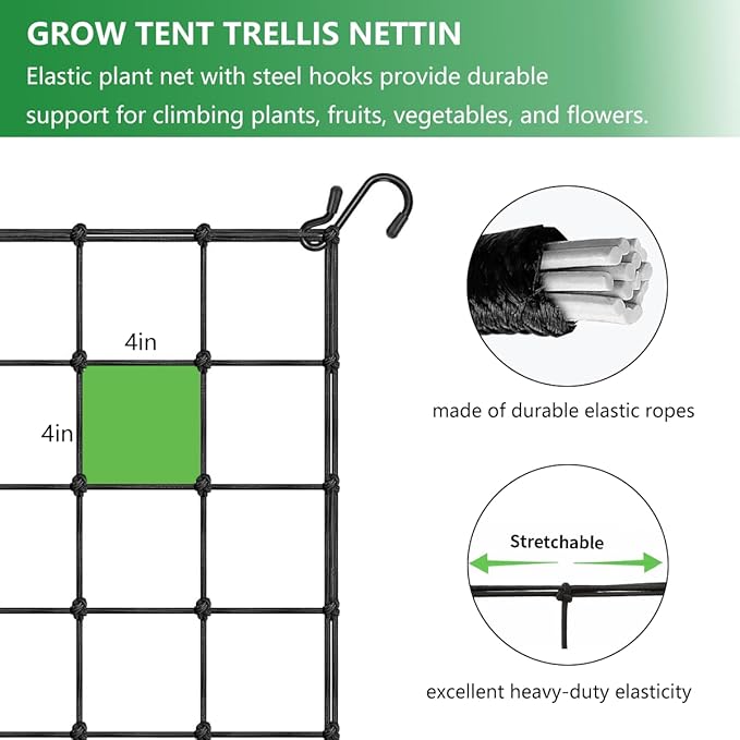 2x4FT Elastic Trellis Netting, Heavy-Duty Polyethylene Garden Netting with 4 Hooks, Black, Rectangular
