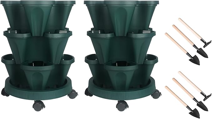GameXcel Vertical Planter 3 Tier Stackable Planters Garden Planters Strawberry Herb Flower and Vegetable Planter Indoor Outdoor Gardening Pots with Removable Wheels and Tools 2-Pack