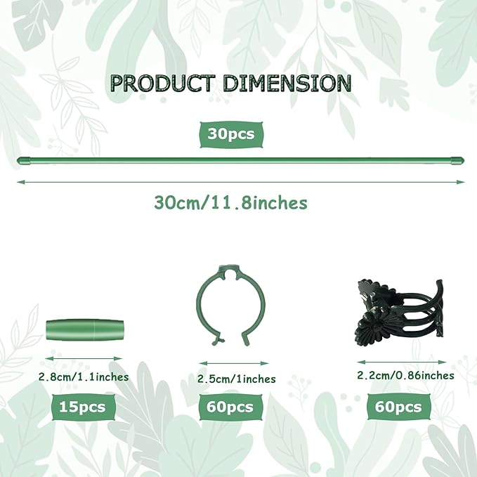 165Pcs Adjustable Plant Stakes, 30Sets Garden Plant Support Sticks, 30Pcs Fiberglass Plant Pole Stand, 60Pcs Rings, 60Pcs Clips, 15Pcs Connectors for Potted Plant Flower Tomato Orchid Vegetable