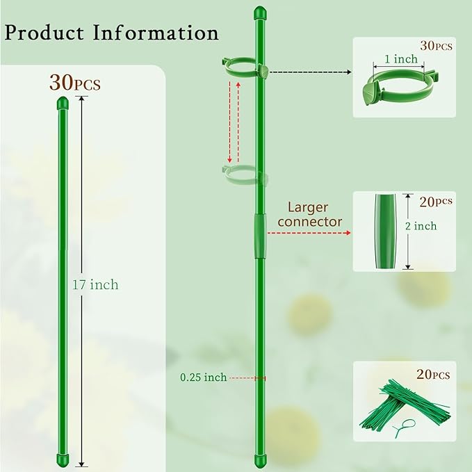 30Pcs Plant Support Stakes 17 inch SupKing Garden Orchid Sticks Extended to 3ft 4ft 5ft Plant Poles with Clips for Indoor Outdoor Potted Tomato Rose Amaryllis Vegetables Comes with 20 Ties