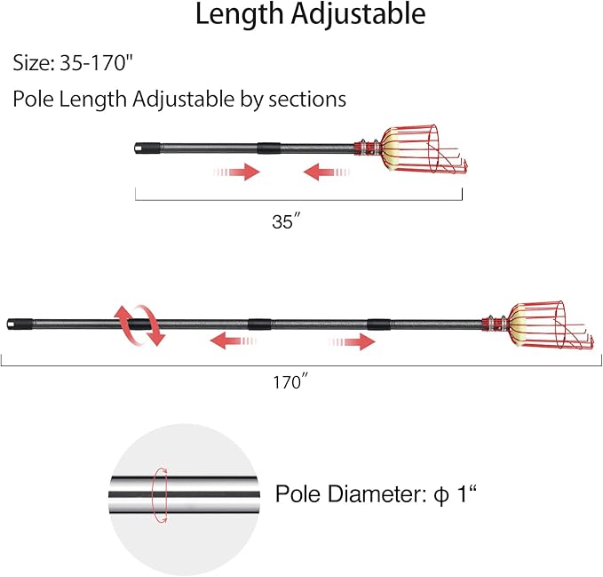 DonSail Fruit Picker Pole Tool with Basket Telescoping, Adjustable Apple Picker Pole 35-170 inch Long Handle, Mango Orange Avocado Fig Acorn Lemon Pear Pomelo Chery Picker for Tree