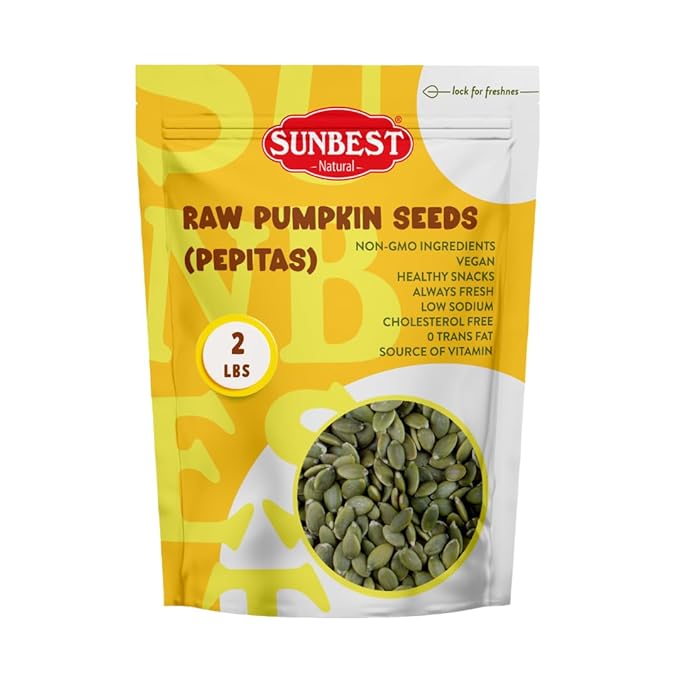 Sunbest Natural Raw Pumpkin Seeds, 2 lbs – Unsalted & Shelled – Whole Pepitas, Pumpkin Seeds to Eat – Great for Snacking, Baking & Topping – Rich in Essential Fatty Acids, Iron & Protein (32 oz)