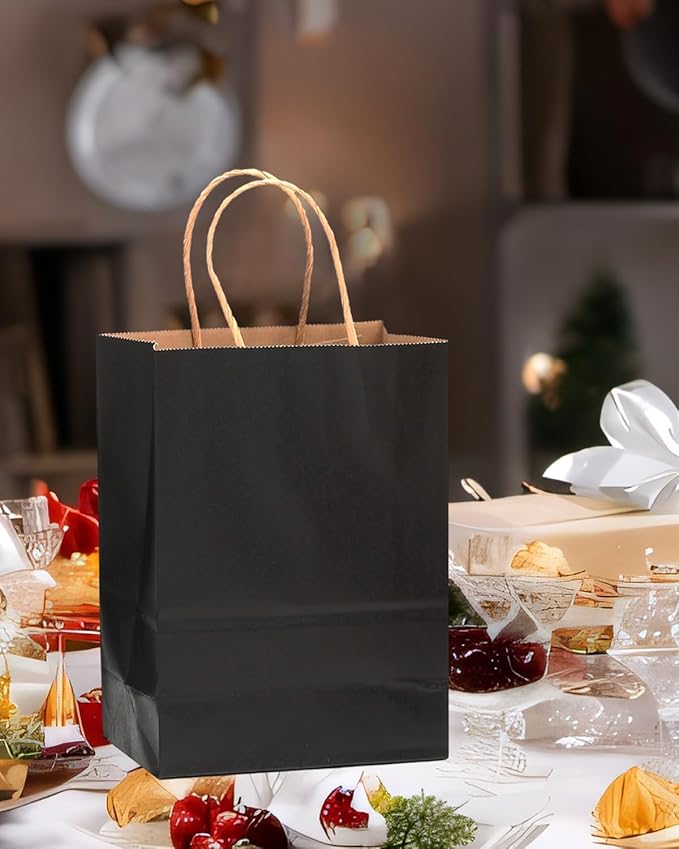 qiqee 200-Packs Black Paper Gift Bags with Handles Bulk 10.6"x8.3"x4.3" Medium Size Paper Bags Multiple Uses
