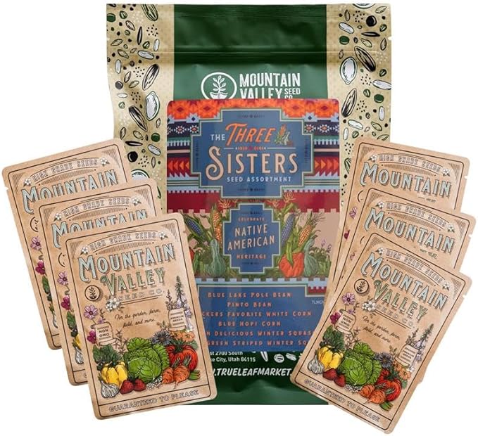 The Three Sisters Seed Assortment – 6 Pack Heirloom Corn, Beans & Squash – Blue Hopi, Trucker’s Favorite, Blue Lake, Pinto, Golden Delicious & Cushaw – Non-GMO, Traditional Garden Mix