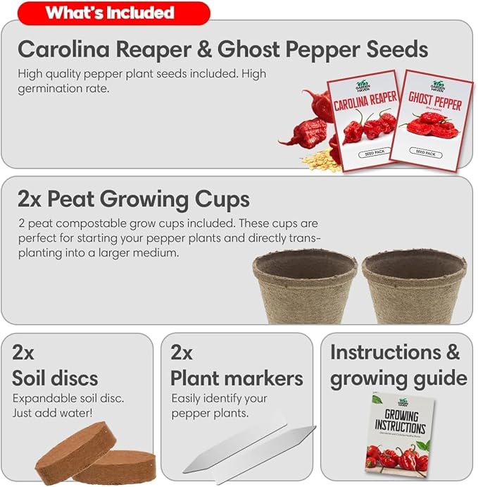 Carolina Reaper Ghost Pepper Grow Kit - All in One Starter Grow Kit - Bhut Jolokia Reaper Seeds, Grow The Hottest Peppers Garden Grow Kit Seeds Included