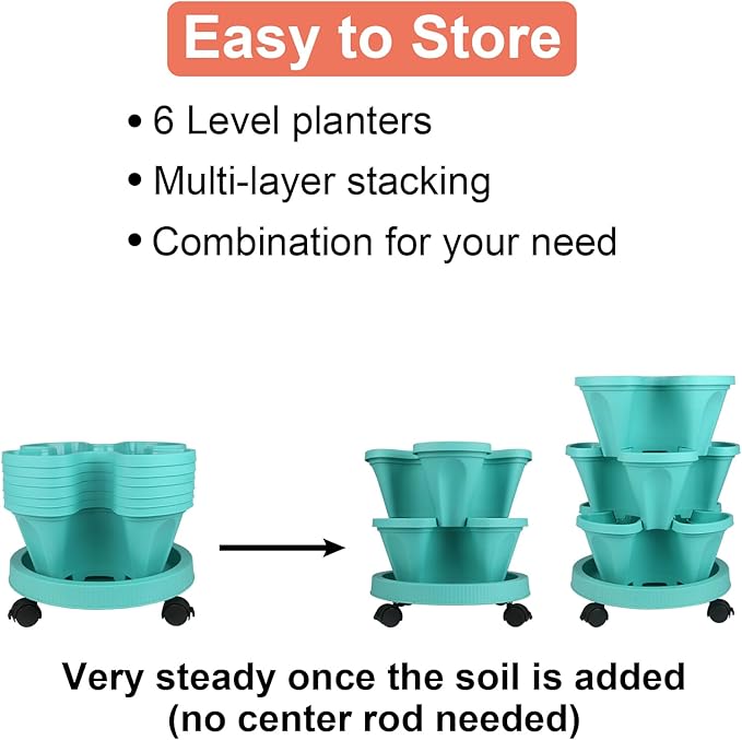 DUNCHATY Stackable Planter, Vertical Garden Planter with Wheels and Tools, Self Watering Strawberry Planter Indoor/Outdoor 6 Tier Herb Planter Pots for Growing Vegetables and Succulents, Teal