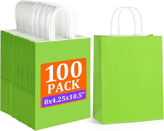 BagDream 8x4.25x10.5 Inch 100Pcs Green Gift Bags Medium, Kraft Paper Bags with Handles Bulk for Welcome Party Favors, Baby Shower, Goody, Treat, Retail, Grocery Paper Sacks
