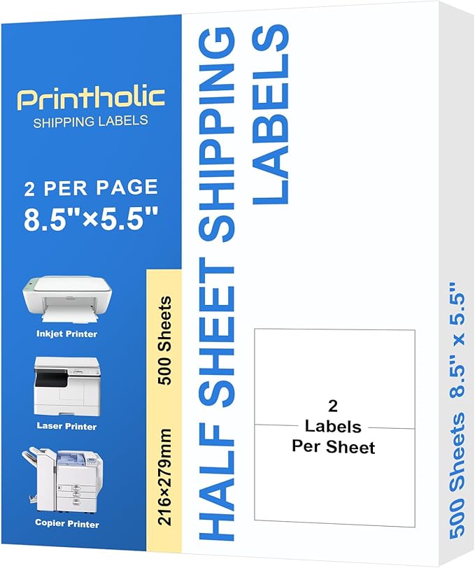 Printholic 1000 Half Sheet Self Adhesive Shipping Labels for Laser & Inkjet Printers - 500 Sheets, 2 per Page Shipping Labels, 8.5" x 5.5" Half Sheet Labels
