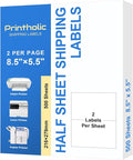 Printholic 1000 Half Sheet Self Adhesive Shipping Labels for Laser & Inkjet Printers - 500 Sheets, 2 per Page Shipping Labels, 8.5" x 5.5" Half Sheet Labels