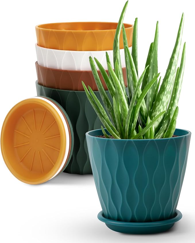 4 Inch Plastic Planter Pots with Drainage Holes & Saucers, Indoor/Outdoor Flower Pots for Plants, Succulents, Herbs, 5 Pack Set