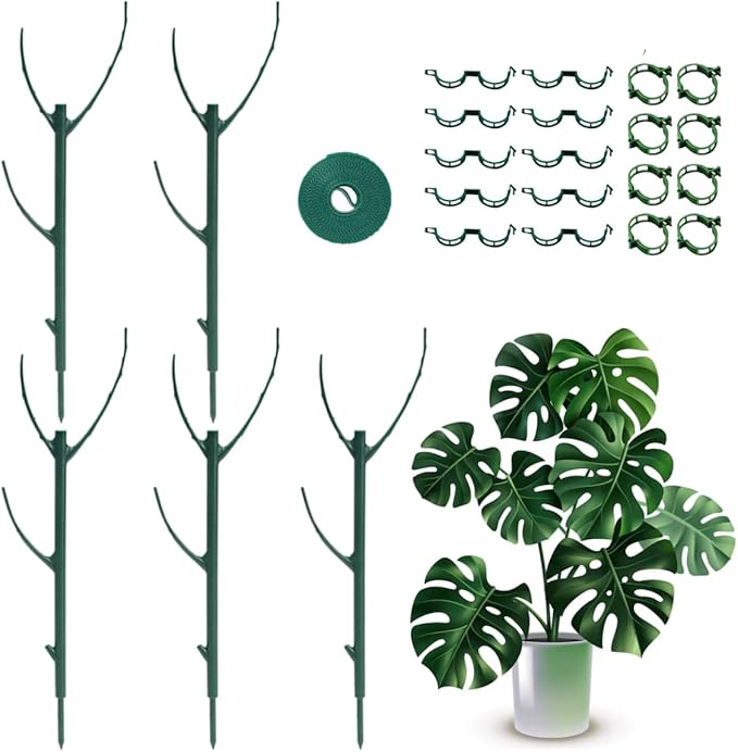 5 Pack Monstera Plant Support, 38inch Stackable Plant Stakes with 20Pcs Clips & 1Pcs Ties, Alternative to Moss Pole Plants Sticks Structures for Climbing Indoor Outdoor Potted Plants