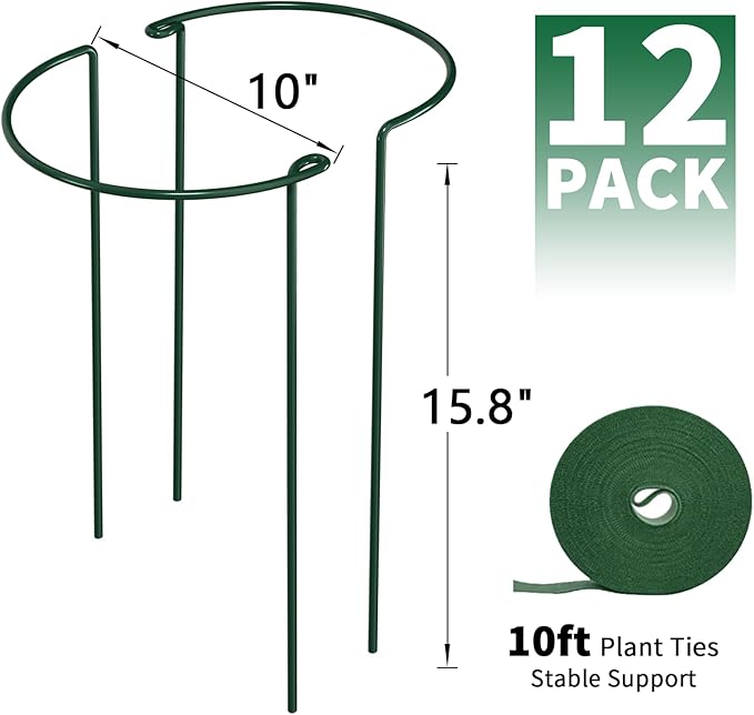AMAGABELI GARDEN & HOME 12 Pack Plant Support Stakes 10" W x 15.8" H Peony Cage Heavy Duty Half Round Metal Garden Support Structures Plant Cage with Ties for Indoor Flower Tomato Hydrangea Monstera