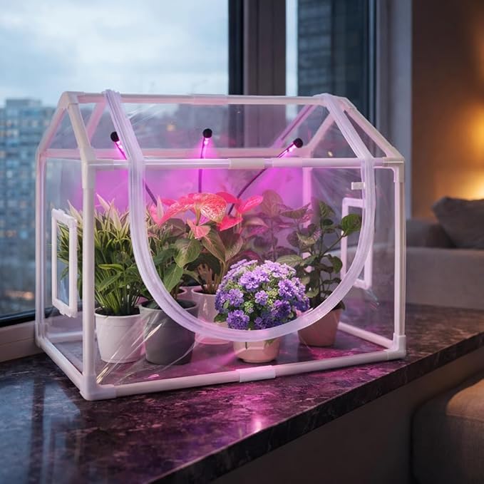 Tabletop Mini Greenhouse Indoor with Grow Light, Small Greenhouse Kit for Indoors, Tiny LED Plant Nursery with Timer & Zippered Door for Seed Starter, 25.6" L x 15.8" W x 20" H