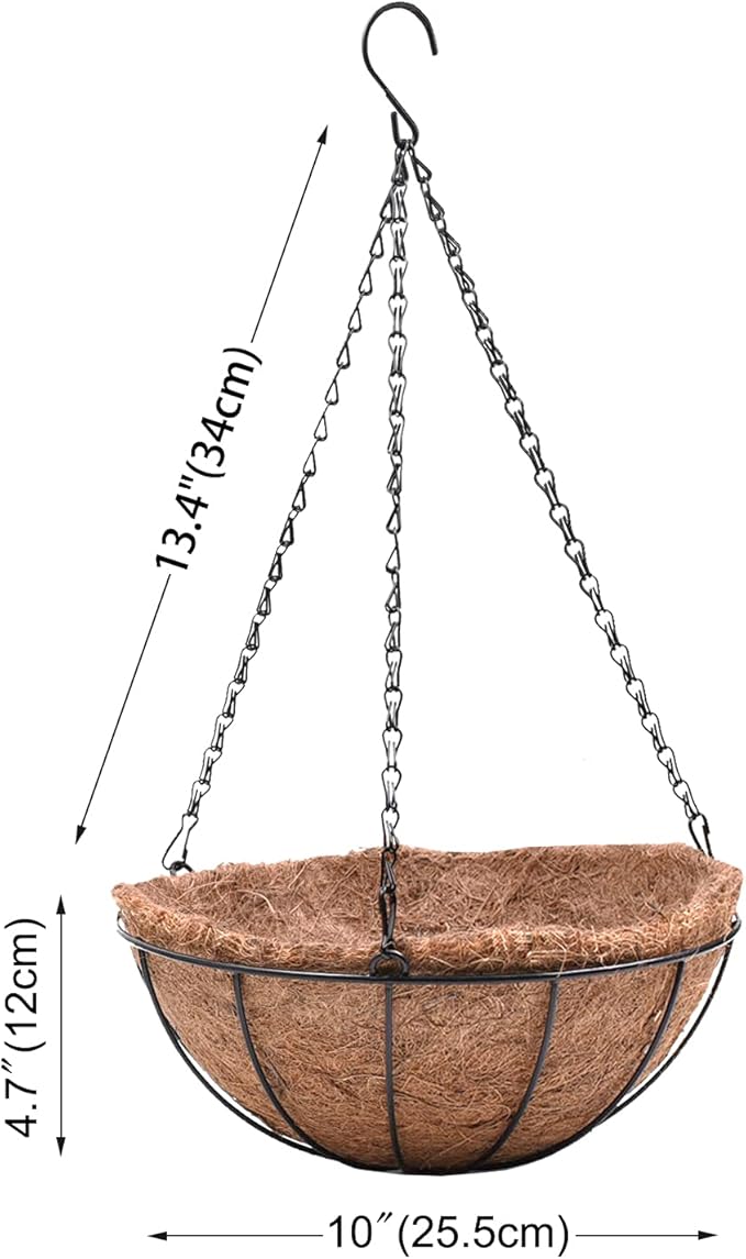 EIMQUVW Hanging Planters Basket Set of 3 Hanging Flower Pots 10 Inch Chain Round Wire Plant Holder with Coco Coir Liner Garden Watering Hanging Baskets for Patio Garden Outdoor1