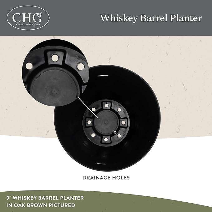 Classic Home & Garden Whiskey Barrel Planters - Wood Finish Flower Planter Pot - Decorative Garden Pots - Indoor & Outdoor Resin Planters - Weather-Resistant Planting Pots (9" Walnut Brown, Pack of 1)
