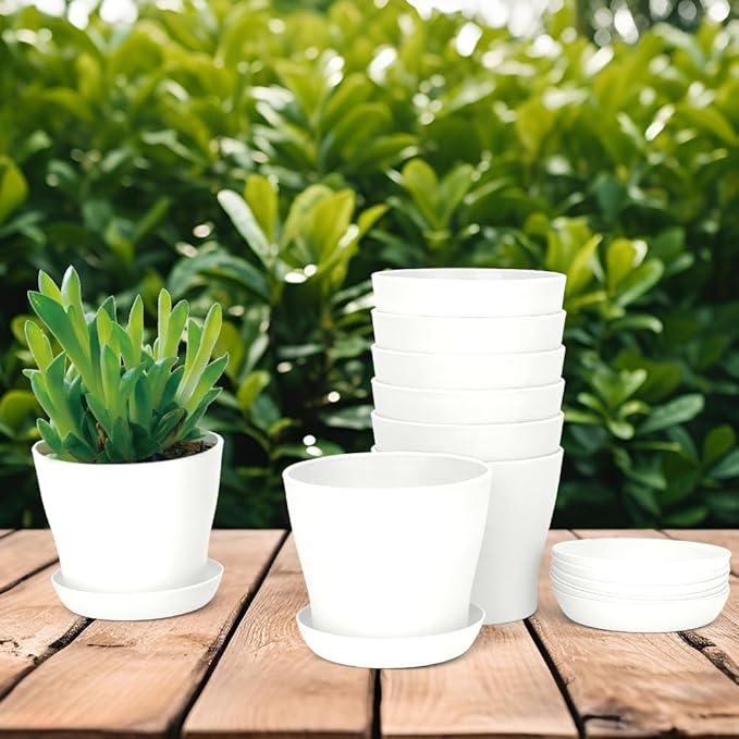 8 Pcs White Small Round Casual Plant Pots, Succulent Pots, Indoor/Outdoor, Resin Plastic, Drainage Hole, Polished Finish