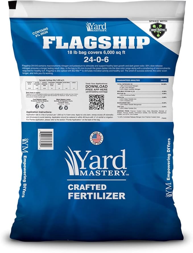 24-0-6 Flagship Granular Lawn Fertilizer with 3% Iron, Bio-Nite™ (18 lb Bag Covers 6,000 Square Feet) with 6% Potassium, Micronutrients and 24% Slow Release Nitrogen Fertilizer for Lawn Care