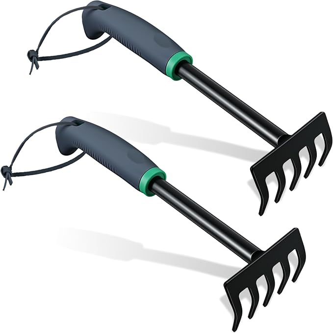 2 Pcs Gardening Hand Rake Small Garden Rake Stainless Steel with Ergonomic Handle Great for Gardening Cultivating Loosening Soil Spreading Raking Flower Beds