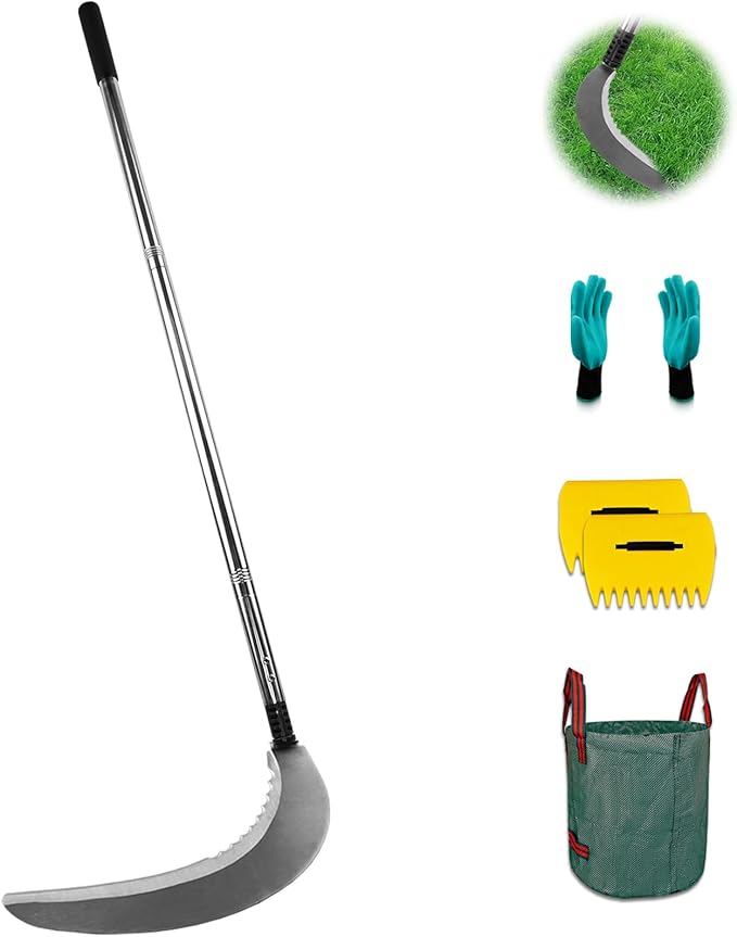 Sickle Garden Tool Set, Long Handle Weeding Sickle with Serrated Double-Edged Blade, Grass Sickle Stand Up Weeding Tool with 2 Pack Leaf Scoops, 16 Gallon Lawn Bag with Gardening Gloves for Yard